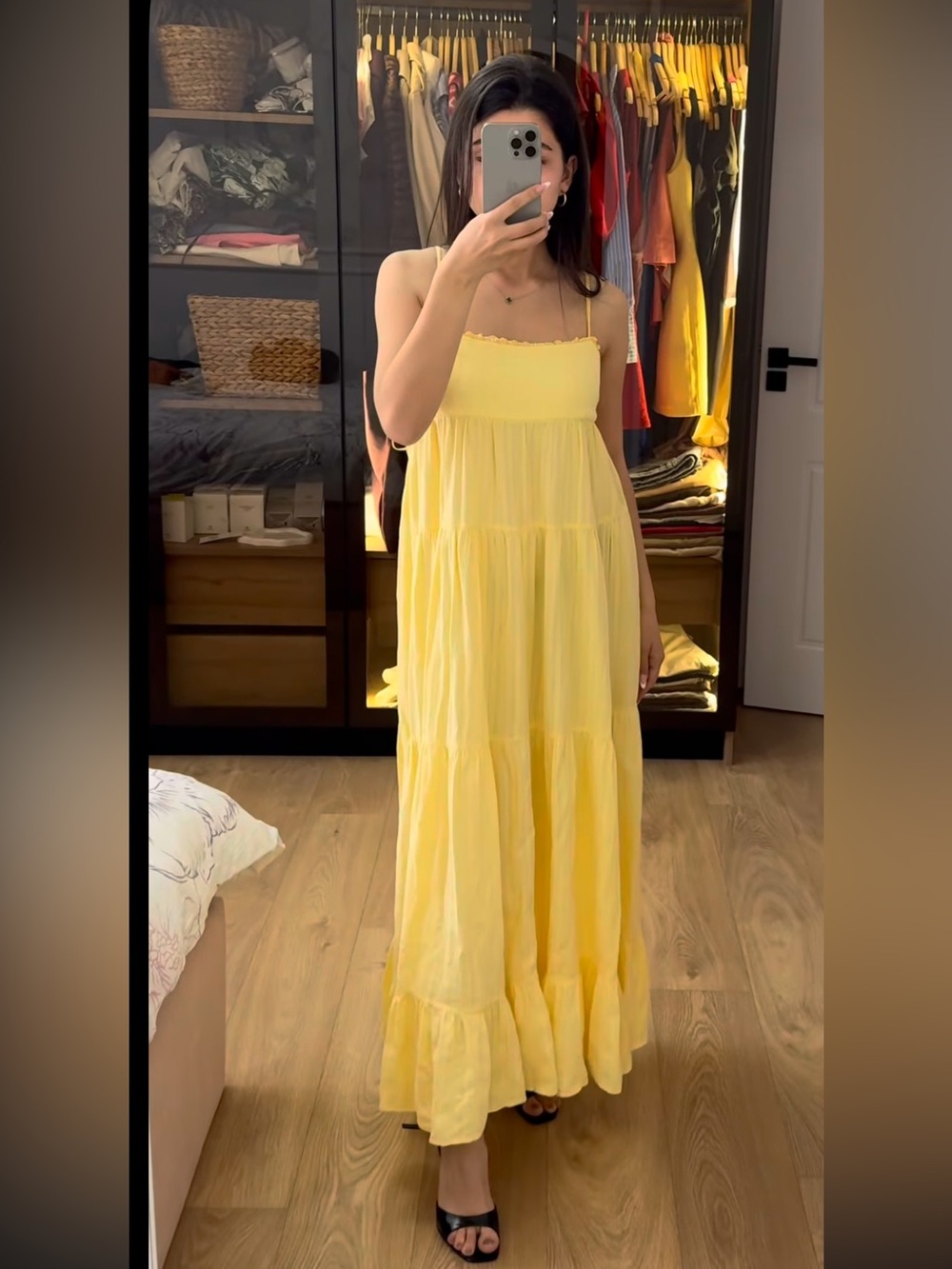 Zara NWT Romantic Resort Vacation Yellow Open Back Tie Up Tiered Maxi Dress (XL) - Picture 8 of 9